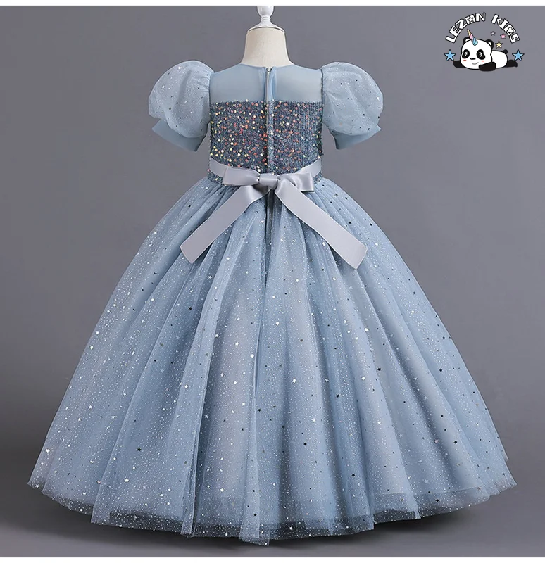LEZONKIDS - Vestido para Menina, Vestido de Festa Infantil, Tule Longo, Malha, Lantejoulas, Princesa, Manga Bolha Fofa, Tamanho 10, Vestidos de Menina Flor para Casamento de Luxo
